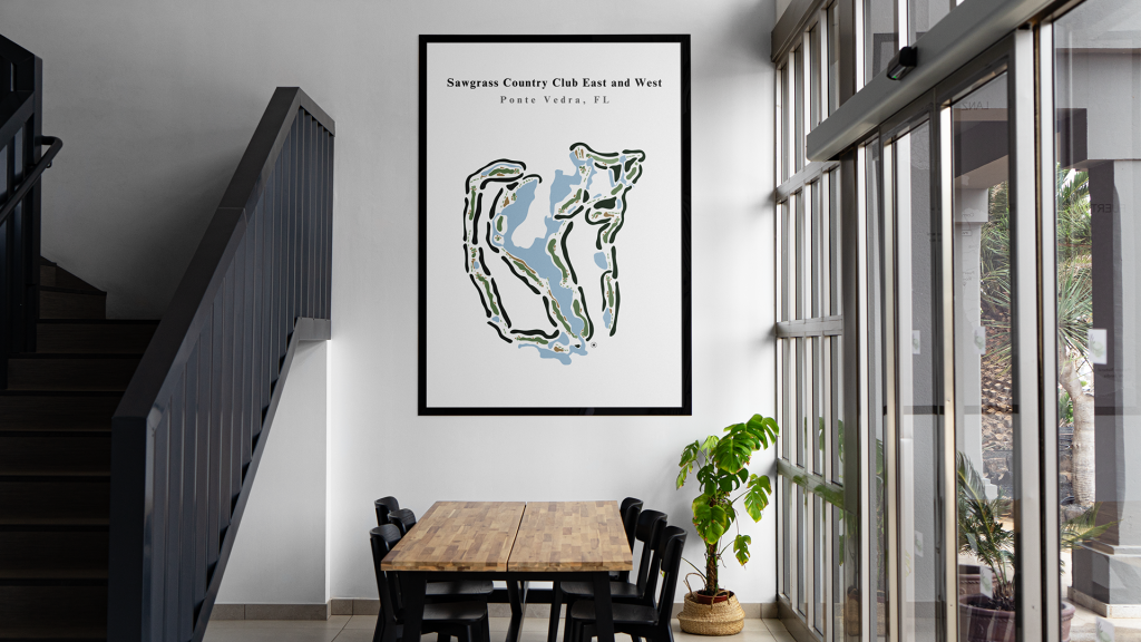 Minimalist golf course print framed in a living room