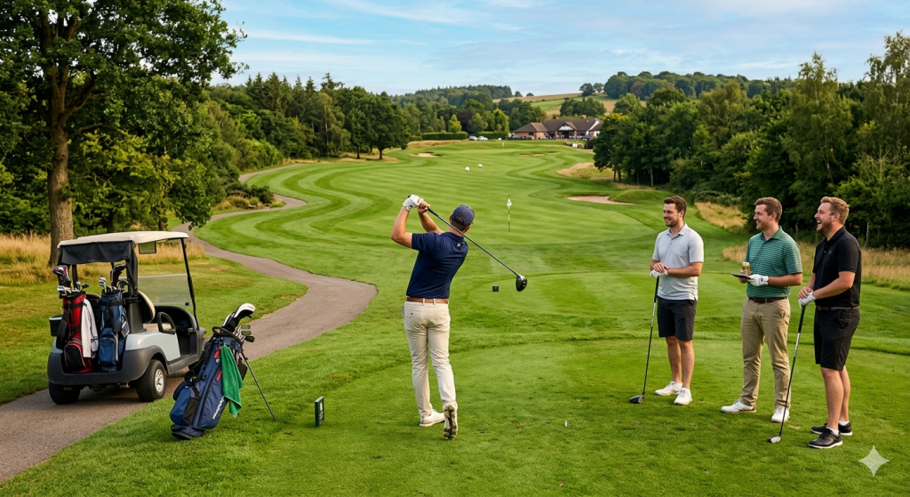 Golfers playing a scenic golf course